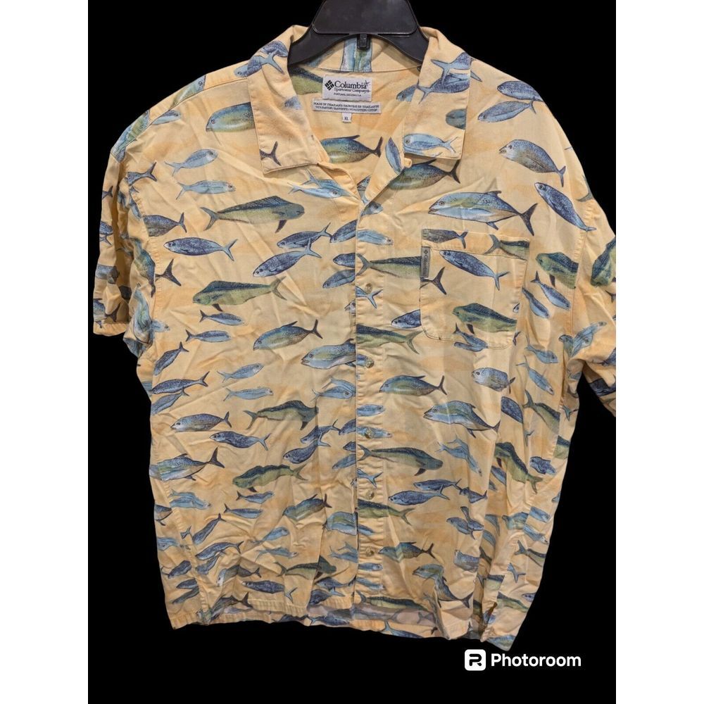 Columbia Men's Orange Fish Print Rayon Cotton XL Short‎ Sleeve Button Up Shirt
